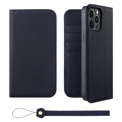HANATORA iPhone13ProMax ケース 手帳型 本革 スマホケース スマホ スタンド ストラップ 付き シュリンクカーフレザー ギフト ベルトなし マグネットなし ネイビー H0XA-13ProMax-Navy ギフト 誕生日ギフト 女性