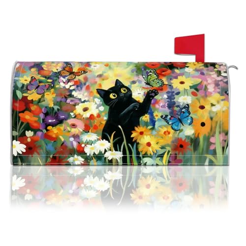 Qzvoio Floral Black Cat Magnetic Cover for Standard Size Mailboxes Bright Floral Art with Black cat Design Oxford Cloth Magnetic Strip for Tool-Free Attachment Ideal for Garden, Patio & Gifting