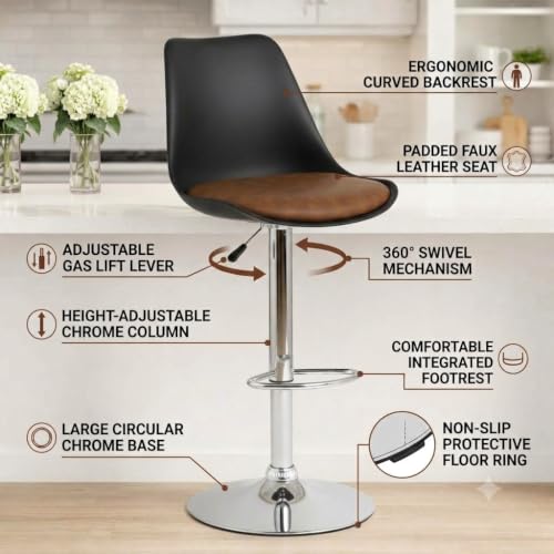 Image of 360 Revolving Height Adjustable Bar Stool /Kitchen Chair Suitable for Kitchen, Cafeteria, Dining,Pubs, Office,Shops - Pair of 2 (Brown and Black)