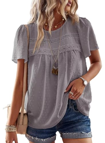 Image of Falechay Womens Summer Tops Crewneck Short Sleeve Shirts Casual Chiffon Blouses Flowy Lace Hem Boho Clothing Trendy 2026