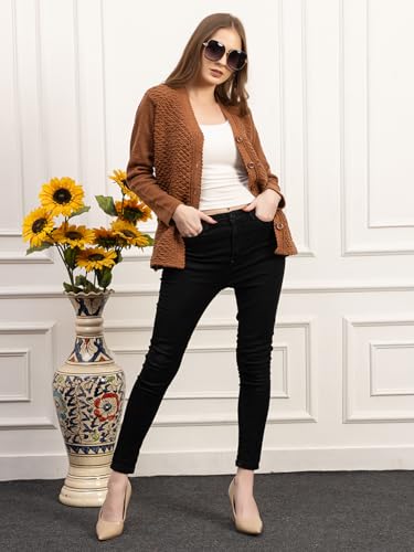 Image of Women's Winter Woolen Cardigan | Full Sleeve Textured Buttoned Sweater for Women | Soft Wool V-Neck Warm Knitted Outerwear for Office & Casual Wear