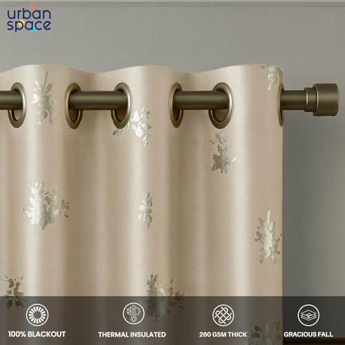 Image of Urban Space 100% True Blackout Curtains for Door, Gold Foil Printed Blackout Curtains, Blackout Decorative Door Curtain Eyelet with Tieback, 1 Piece Curtain for Living Room(Crackle Beige, 7 Feet)