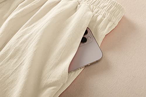 Womens Linen Pants High Elastic Waist Wide Leg Flowy Trousers Plus Size with Pockets Beige 3XL4