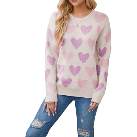 CXINS Women's Cute Bead Pearl Heart Pullover Sweaters Long Sleeve Crew Neck Knitted Casual Sweater Beige Size S Cover