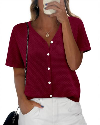 Image of NALANISA Women's Short Sleeve Sweater Spring Summer Crochet Knit Tops 2026 V Neck Striped Button Down Dressy Casual Blouses