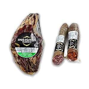 4.5 Kg. 100% natuurlijke Pata Negra Iberico Ham Zonder Bot – Iberische varkens gefokt in Dehesas, de genezing is 100% natuurlijk – IBERISCHE CHORIZO + IBERISCHE WORST 1 KG, INSIGNIA IBERICA