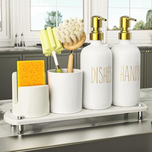 Image of Cisily Kitchen Soap Dispenser Set Comes with Ceramics Sponge Holder, Gold Pumps, and Instant Dry Tray, Hand and Dish Soap Dispenser Set (5, Gold + White + Brush Holder + Sponge Holder)