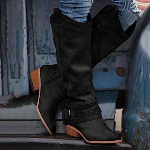Faux Suede Booties Cowboy Boots for Women Wide Calf Cowgirl Fashion Modern Western Boots Round Toe Knee High Chunky Heel Shoes2