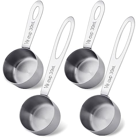 4Pcs 1/8 Cup Measuring Cup, 30ml Scoop, Stainless Steel Measuring Cups, Coffee Scoops, Measuring Scoops Tablespoon Measure Spoon, Short Handle & Long Handle Cooking Measuring Scoop(30ML) Cover