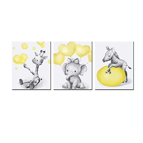 Image of sechars Lovely Animal Wall Art Elephant Giraffe Zebra Art Prints Vintage Grey and Yellow Decoration Modern Kids Bedroom Bathroom Decor
