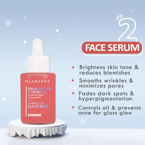 Image of Glamveda 2% Kojic Acid 6 Step Skincare Kit for Glowing Skin | Facewash, Serum, Spot Corrector, Body Lotion, Cream, BB Cream (Fair Tone) | Brightens Skin, Reduce Dark Spots & Pigmentation | Women & Men