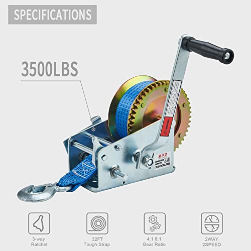 Openroad HW-3500BS-1 Boat Winch 3500Lbs Hand Winch, With 32Ft Blue Strap And 2 Speed Switchable, For Boat Trailer Towing Winch thumb #1