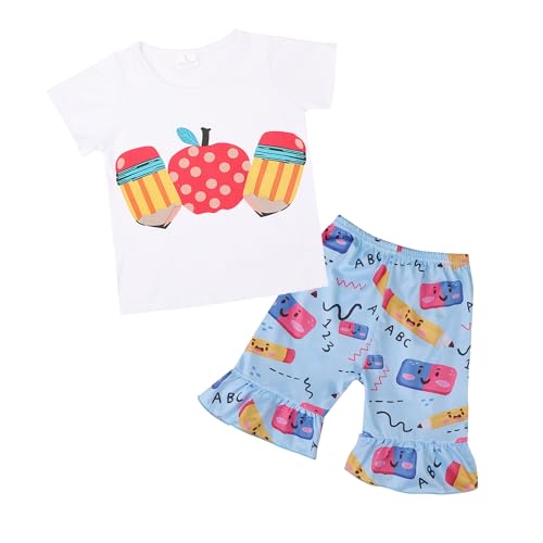 Image of Toddler Girls Back to School Pencil Outfits Set Ruffle T-Shirt Dress and Pants Outfit Set 3-8Years