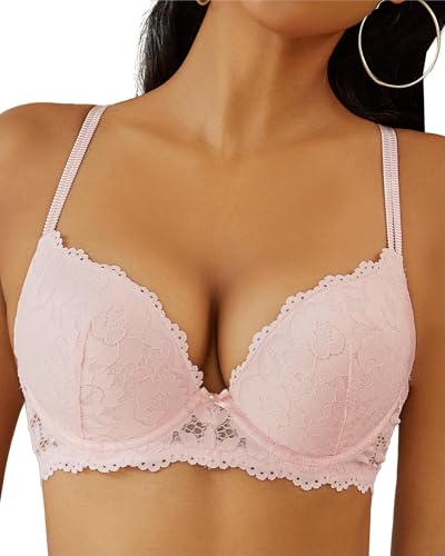 Image of Women Lace Push Up Bras Add Two Cups Size Thick Padded Plunge Cleavage Underwire Bra