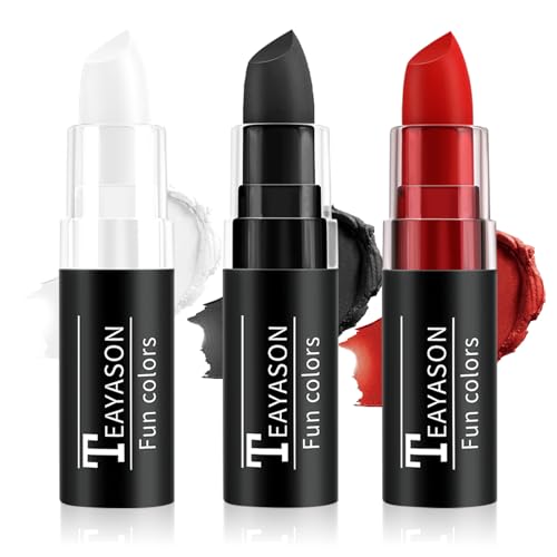 FIVEFULU Black Red White Face Paint Halloween Makeup Kit, Matte Lipstick Set Football Baseball Eye Black Stick, Body Paint Face Makeup for Halloween Zombie Clown Vampire Skeleton Joker Cosplay