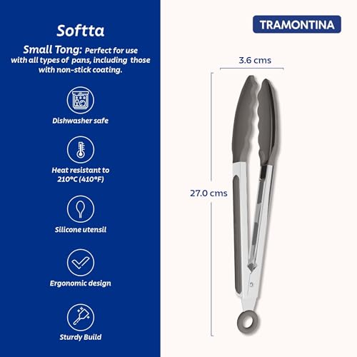 Image of Tramontina Softta Grey Silicone Multipurpose Tongs, 27cm - Heat Resistant up to 210C -Stainless Steel Handle with Pull-Ring Lock - Ideal for Grilling, Serving & Cooking