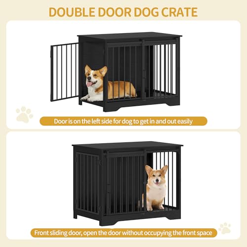 31.9" Dog Crate Furniture with Barn Door, Heavy Duty Dog Kennel Indoor with 2 Doors, Wooden Pet Cage End Table for Small Medium Dogs up to 44 lb, Anti-Chew Anti-Escape, Black DFC83604B - Image 4