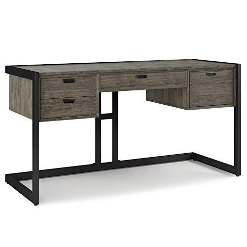 SIMPLIHOME Hampden SOLID ACACIA WOOD Modern Industrial 60 Inch Wide Desk in Weathered Grey, For the Office Desk, Writing Table, Workstation and Study Table