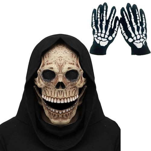 AENEY Scary Skull Mask with Moving Jaw, 2Pcs Halloween Full Head Skeleton Masks Kits with Knife Gloves Grim Reaper Creepy Party Props (Black-A)