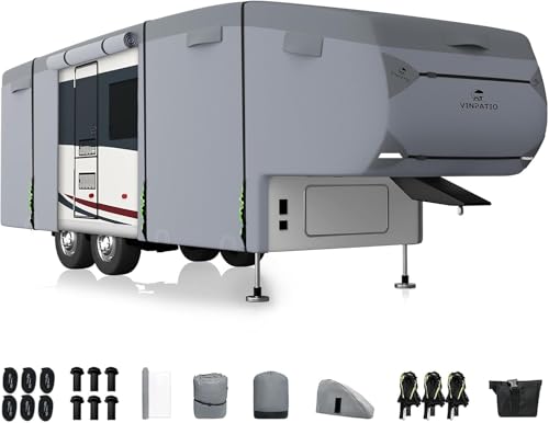 Image of 5th Wheel Cover Fits 34'-37': Extra-Thick 7 Layers Top, Heavy Duty Anti-UV Waterproof Fifth Wheel RV Cover, with 3 Pcs Windproof Extra Straps