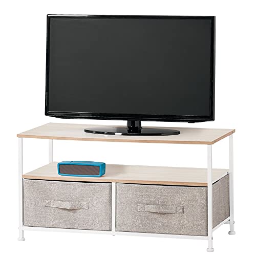 mDesign Meuble TV avec boites de Rangement – Table TV étroite avec Surface de Rangement et 2 corbeilles – Meuble télé Moderne pour télévision, Lecteur DVD et Console de Jeu – Beige