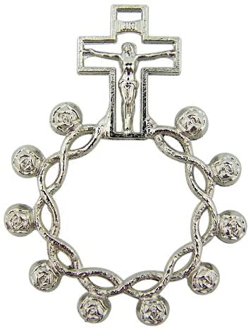 bomapBulk 12 pc. Rose Prayer Beads 1 3/4" Silver Plate Crown of Thorns Rosary Ring with Crucifix