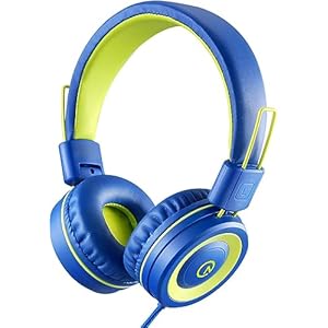 noot products Kids Headphones with Microphone K12 Stereo 5ft Long Cord with 85dB/94dB Volume Limit Wired On-Ear Headset for iPad/Amazon Kindle,Fire/Toddler/Boys/Girls/School(Blue/Lime)