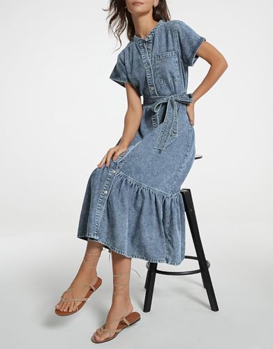 Image of Kedera Summer Button Down Denim Shirt Dresses for Women Maxi Ruffle Short Sleeve Flowy Tiered Beach Sun Dress