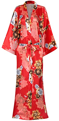 Image of goodmansam Women's Long Floral Satin Kimono Robes Bridal Dressing Gown Wedding Bridesmaid Nightgown