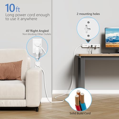 Power Strip Surge Protector,15 Outlets 4 USB 2 USB-C,5Ft Flat Plug,White - image 7