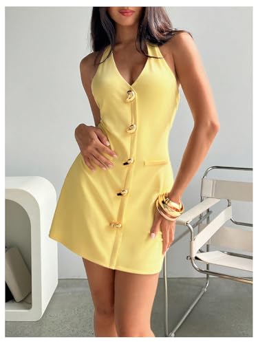 SOLY HUX Women's Deep V Neck Halter Fitted Mini Dress Button Down Sleeveless Summer Vacation Dresses2
