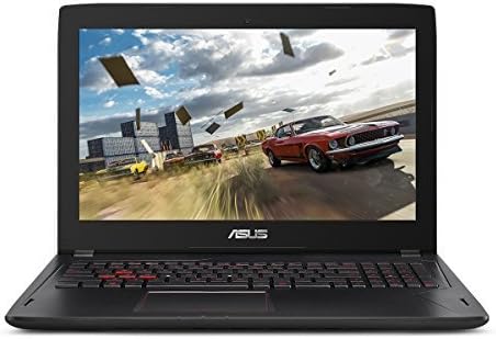 Front view of ASUS FX502VM-AH51 laptop displaying a racing game on screen.