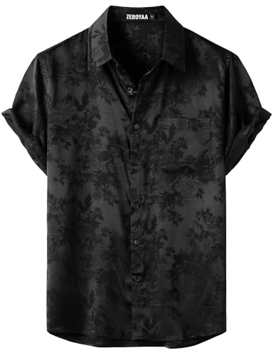 ZEROYAA Men's Shiny Luxury Silk Satin Floral Jacquard Short Sleeve Regular Fit Button Down Shirt for Party Prom