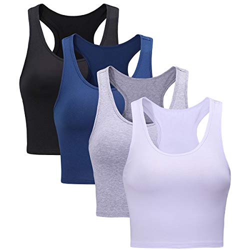 4 Pieces Womens Basic Crop Yoga Raceback Sports Workout Bras Cotton Sleeveless Crop Daily Top for Ladies Black+White+Gray+Blue S