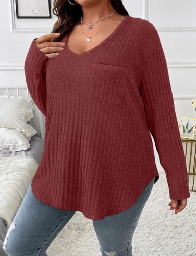 Image of Koscacy Women Plus Size Casual Knit Sweater with Pocket V Neck Solid Color Tops Lightweight Long Sleeve Blouses