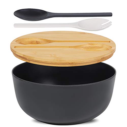 Large Salad Serving Bowl with Lid and Tongs Bamboo Fiber Salad Bowl Set for SaladFruitVegetables to Replace Wooden BowlsMatte Black