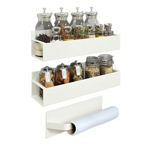 NAYIV マグネット 調味料ラック 冷蔵庫側収納 ブラックカーボンスチール 耐荷重10.8kg ワイド奥行デザイン ポータブル 取り外し可能 さびにくい キッチン ベッドルーム バスルーム収納 スパイスラック3段式 (ホワイト)