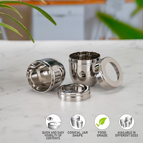 Image of Sumeet Stainless Steel Conical Shape Canisters /Dabba /Storage Containers for Kitchen with See Through Lid, Set of 2 Pcs, 150ml Each, 6cm Dia, Silver