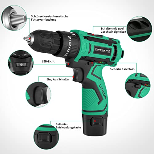 34 Stück Akkuschrauber Set - 12V Akku Bohrschrauber mit 2 Akkus 2000mAh, Akku Bohrmaschine 35Nm Drehmoment, 25+1 Drehmomentstufen, 2-Gang, LED-Licht, Drills Set für Haus Elektriker und Garten DIY – Bild 3