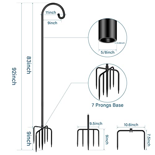 Gtongoko Adjustable Shepherds Hooks For Outdoor 92 Inch Bird Feeder Pole With 7 Prongs Base, 5/8 Inch Thick Heavy Duty For Hanging Bird Feeder, Plant Baskets,1 Pack #TOP2