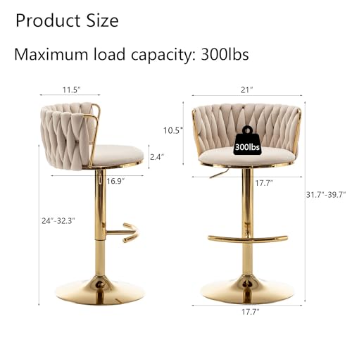 Gold-Velvet-Bar-Stools-Set-of-4-Swivel-Counter-Height-Bar-Stools-with-Back-Adjustable-Woven-Barstools-for-Kitchen-Island-Pub-Club-Beige Gold Velvet Bar Stools Set of 4 Swivel Counter Height Bar Stools with Back Adjustable Woven Barstools for Kitchen Island Pub Club Beige