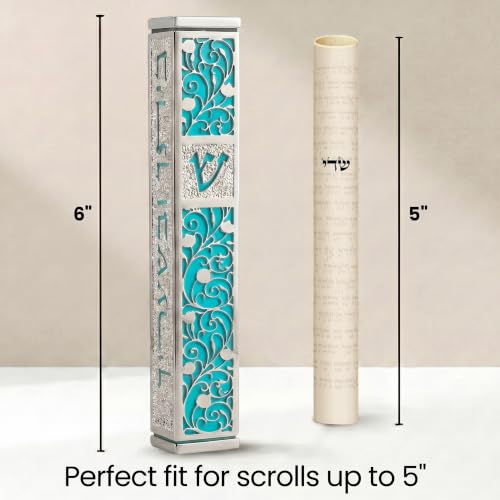 Image of SURI Mezuzah for Door with Scroll, 6 Inch Silver and Blue Mezuzah Case with Non Kosher Scroll Inside, Fits a 5 Inch Scroll, Includes Adhesive and Gift Box