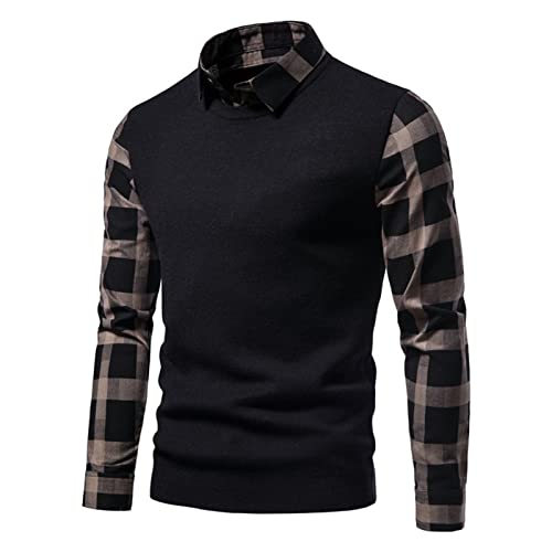 Men Collar Plaid Fake 2 Piece Sweater Fashion Fake Long Sleeve Shirt Sweater Knit Contrast Color Striped Shirt2