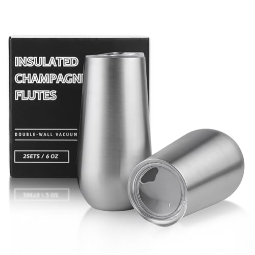 Consejos para Comprar Copas de champán sin tallo los 5 mejores. 41 Sivaphe - Juego de 2 copas de champaña sin tallo con tapa, aislamiento de acero inoxidable, vasos de cóctel, reutilizable, método de tostado de boda, 6 onzas, color azul