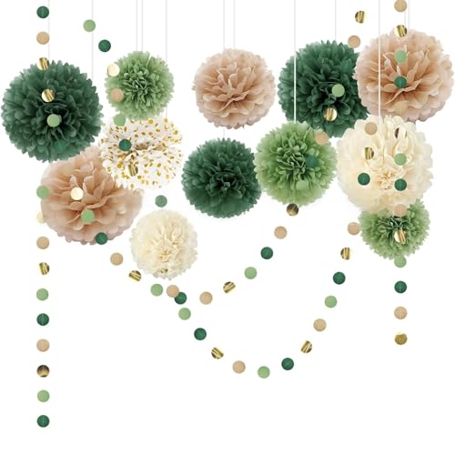 Arvoni 15 peças pompons verde escuro, flores de papel e grinalda de pontos para decoração de aniversário, festa de aniversário, Baby Shower, jardim e decoração de festas vintage