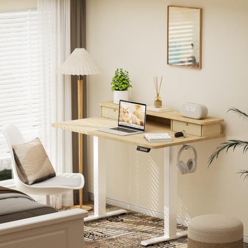 Image of Veken 47x28 in Electric Standing Desk with Drawers, Adjustable Table, Wood | Stand up Computer Desk for Home Office, Work & Study, with Storage, 3 Memory Presets, Cable Organizer, Hook, and Quiet Lift.