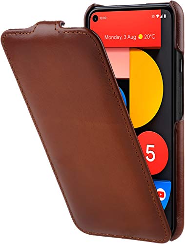 StilGut Slim Vertical Flip Case for Google Pixel 5, Genuine Leather Pixel 5 case, Cognac Antique