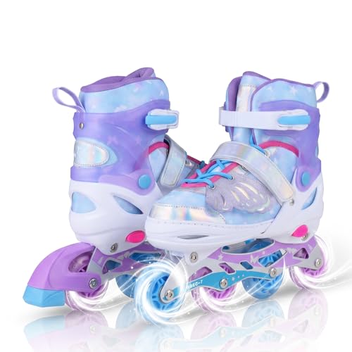 COSTWAY Patines en Línea para Niños Niñas, 4 Tallas Ajustables con Ruedas Luminosas, Ruedas de PU 82A y Rodamientos ABEC-7, Patines para Principiantes, Interiores y Exteriores, 5-14 Años (Azul,L)