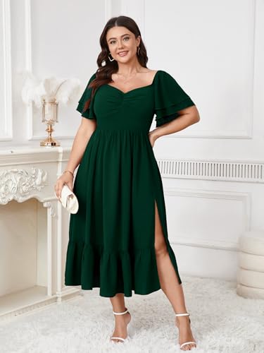 Image of SCOMCHIC Womens Plus Size Wedding Guest Cocktail Dresses Sweetheart Neckline Short Sleeve Smocked Ruffle Slit Maxi Dress