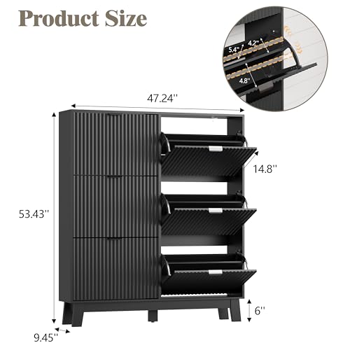 Image of HUANLEGO Shoe Cabinet Storage for Entryway with 6 Flip Drawers, Fluted Narrow Shoe Organizer with Wooden Legs, Freestanding Slim Shoe Storage Hidden Shoe Rack Organizer for Front Door Entrance, Black